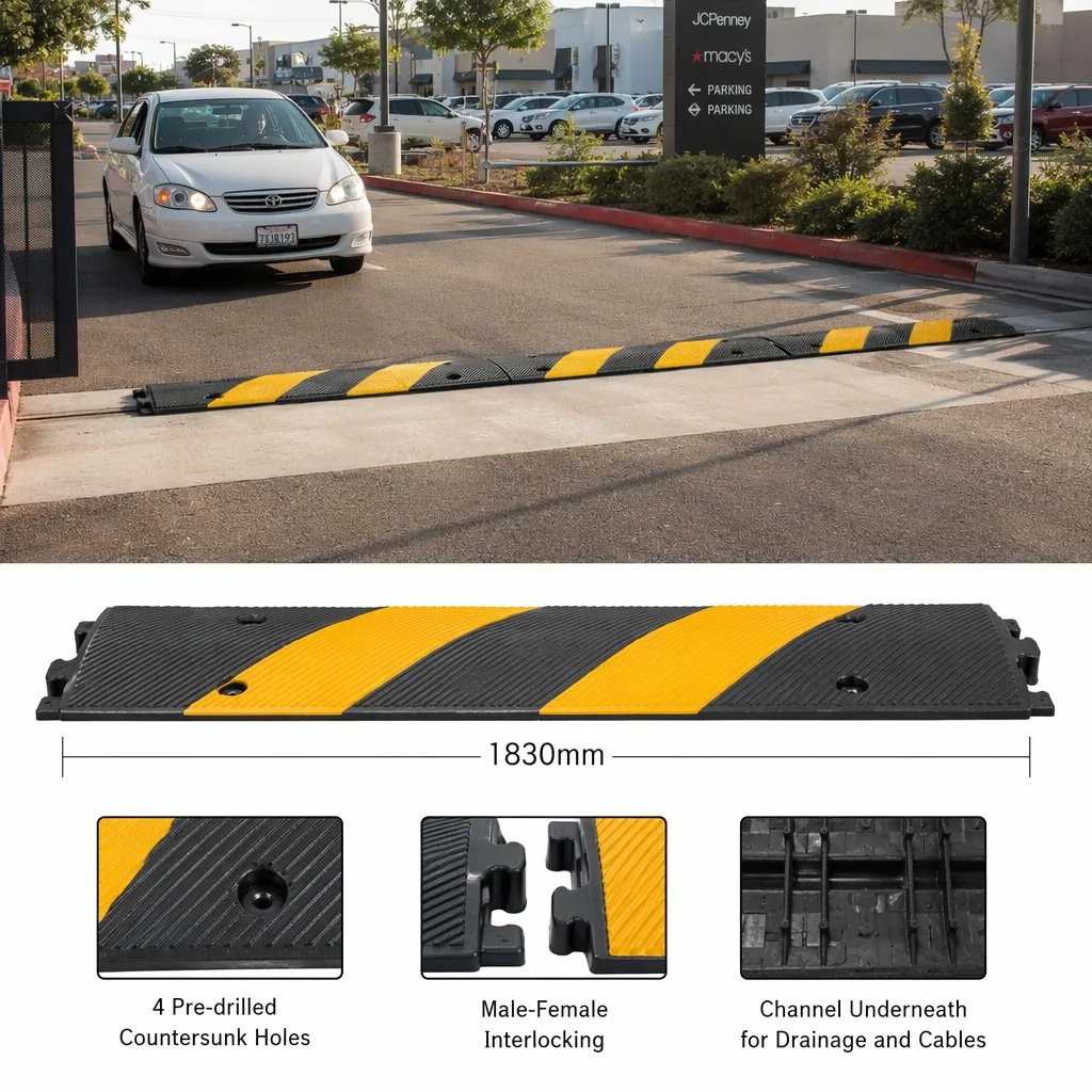 1830mm modular rubber speed bump with black and yellow reflective stripes