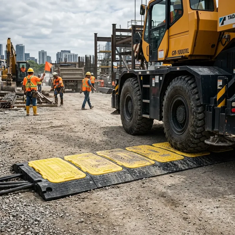Roadway cable protectors deployed on a construction route