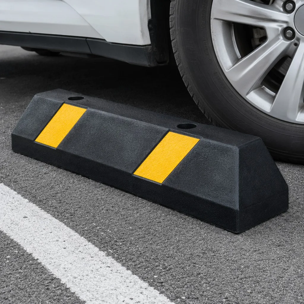 600mm rubber wheel stopper with reflective stripes installed in a parking bay