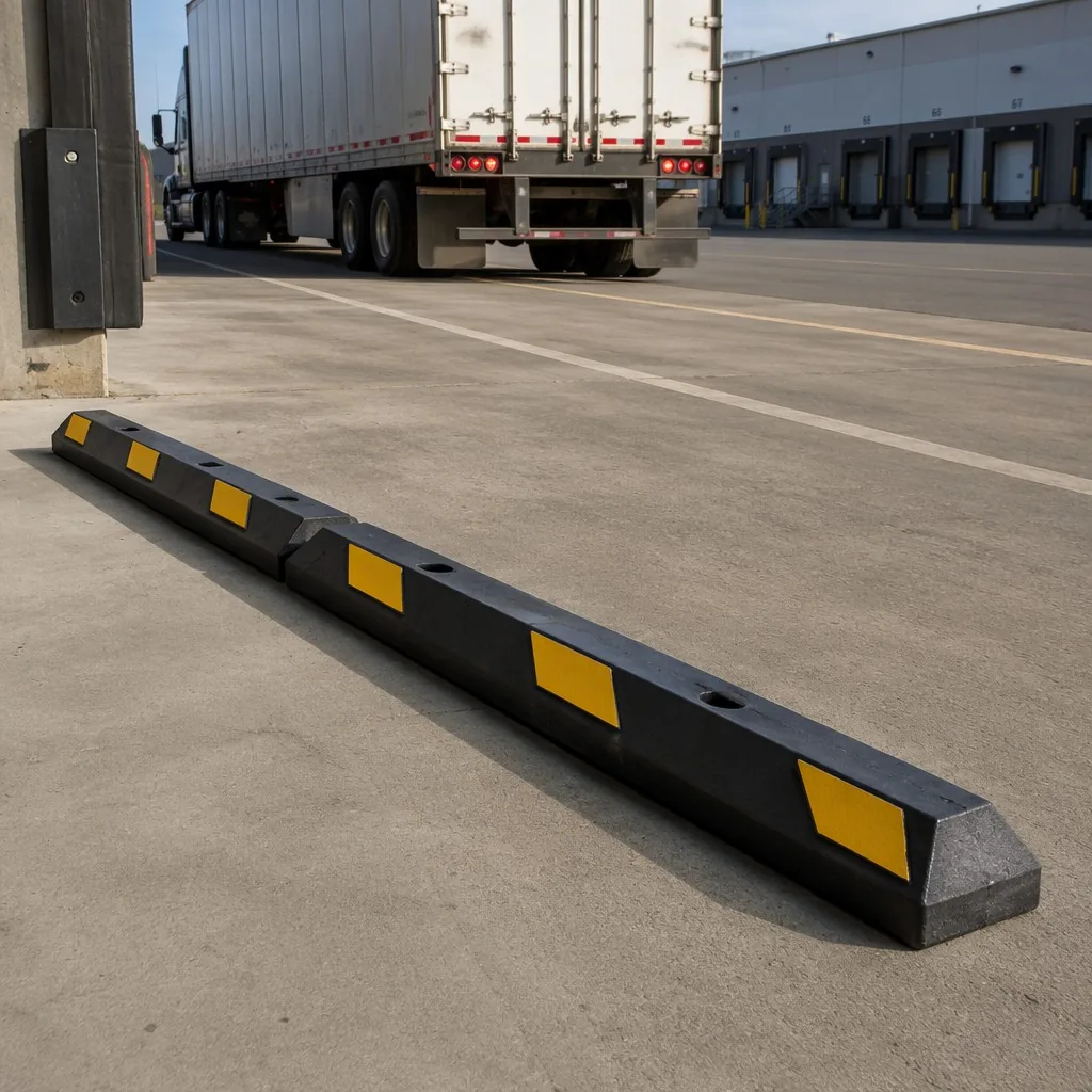 72 inch heavy duty rubber wheel stopper in a truck bay