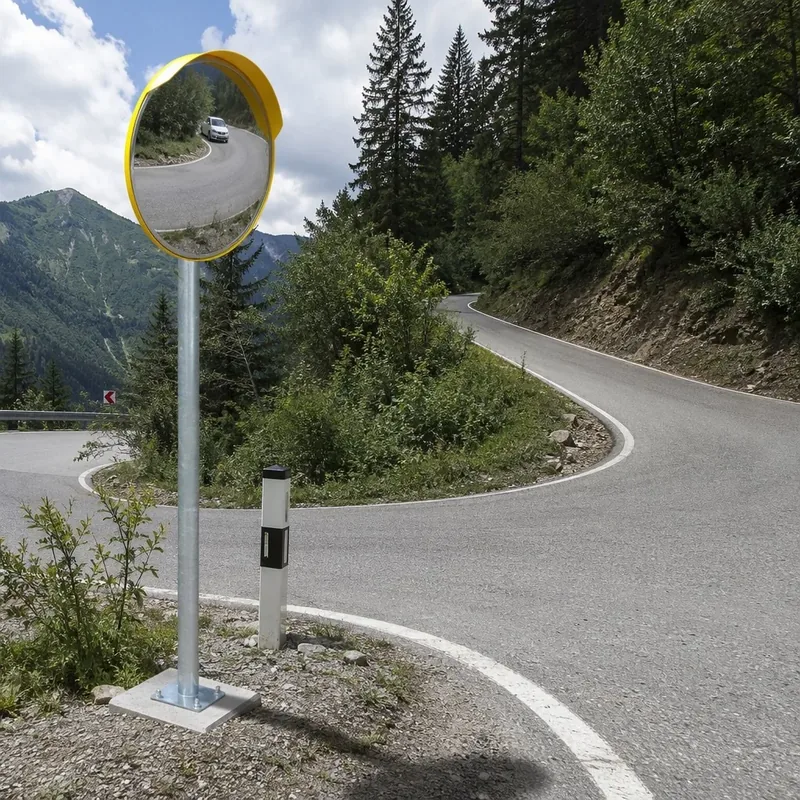 Pole-mounted outdoor convex road mirror at a yard intersection